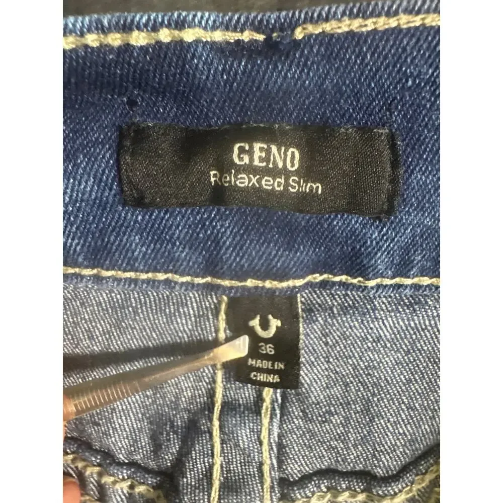True Religion Geno Relaxed Slim Jeans Size 36 Men Big T Flap Pocket Blue Denim